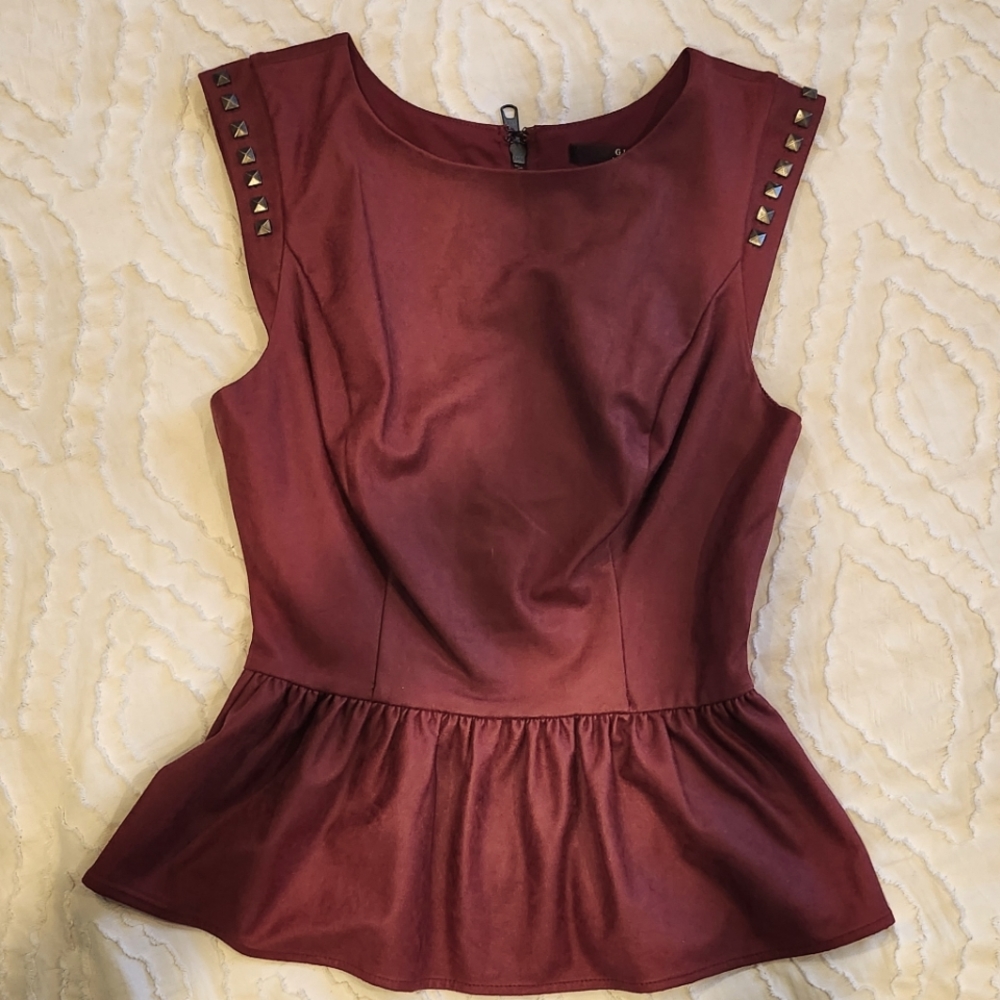 GUESS S Burgundy Red Vegan Faux Leather Studded Peplum Top